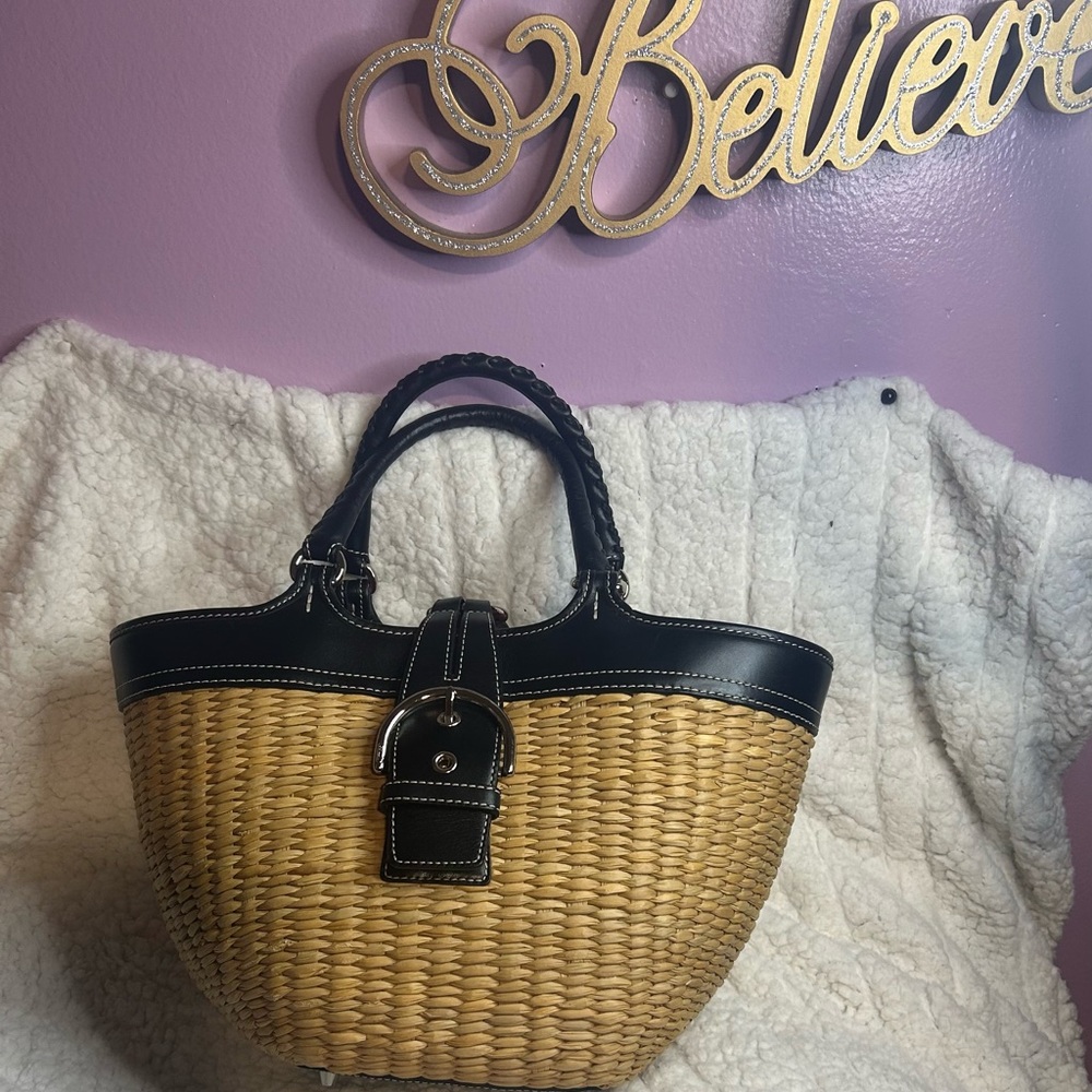 Coach Straw Tote Black Leather Pink Signature Lining RARE